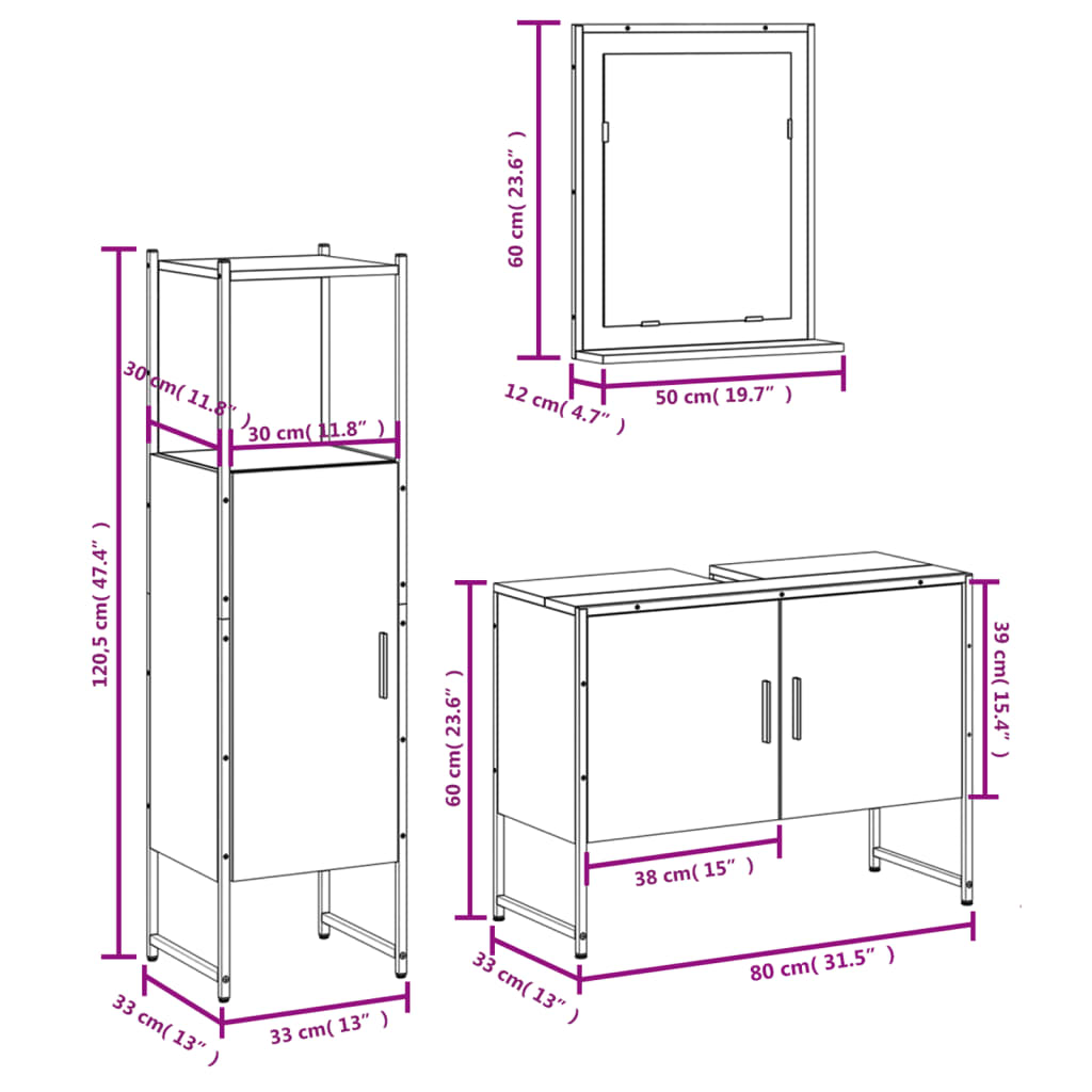 Set Mobili da Bagno 3 pz Grigio Sonoma in Legno Multistrato
