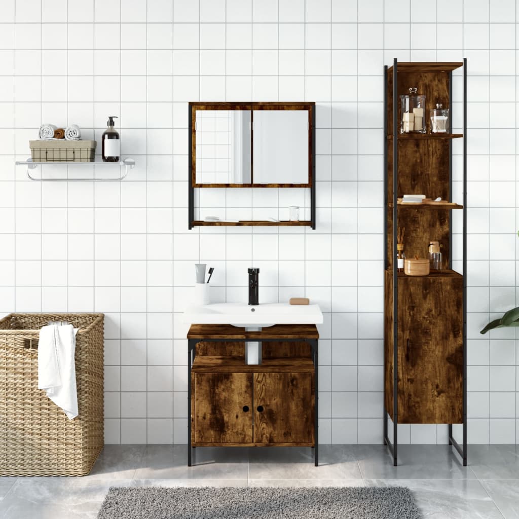 Set Mobili da Bagno 3 pz Rovere Fumo in Legno Multistrato | homemem39