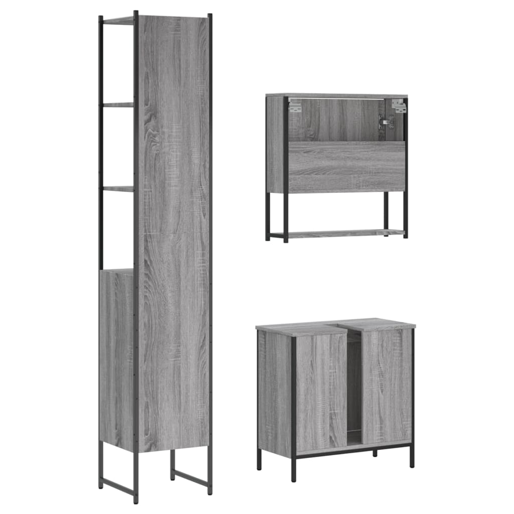 Set Mobili da Bagno 3 pz Grigio Sonoma in Legno Multistrato | homemem39