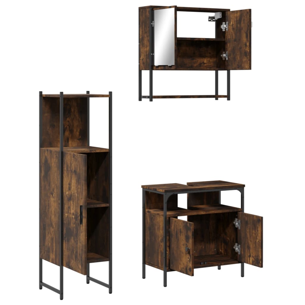 Set Mobili da Bagno 3 pz Rovere Fumo in Legno Multistrato | homemem39