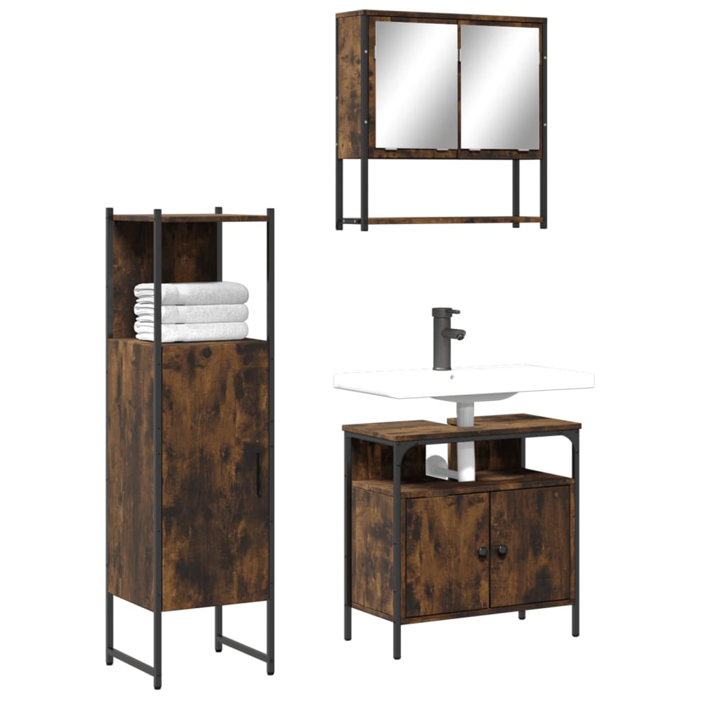 Set Mobili da Bagno 3 pz Rovere Fumo in Legno Multistrato | homemem39