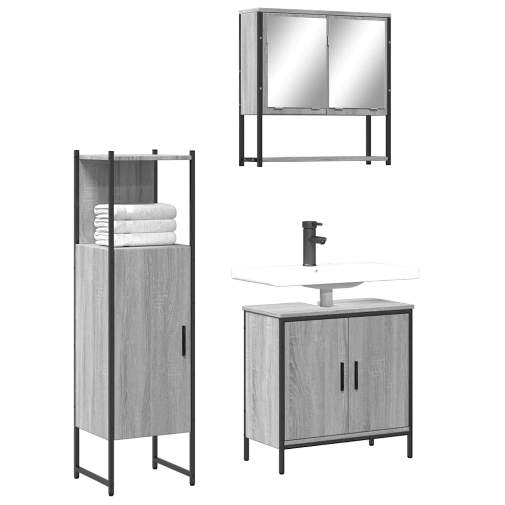Set Mobili da Bagno 3 pz Grigio Sonoma in Legno Multistrato | homemem39