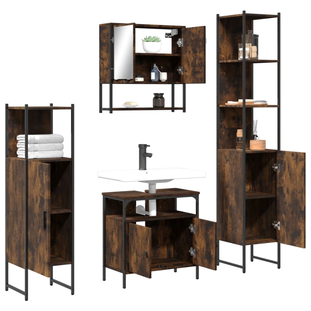 Set Mobili da Bagno 4 pz Rovere Fumo in Legno Multistrato