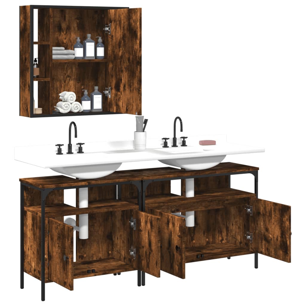 Set Mobili da Bagno 3 pz Rovere Fumo in Legno Multistrato