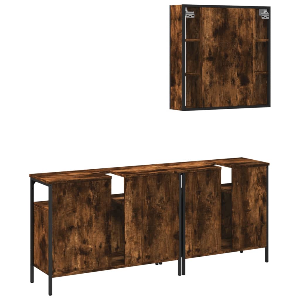Set Mobili da Bagno 3 pz Rovere Fumo in Legno Multistrato