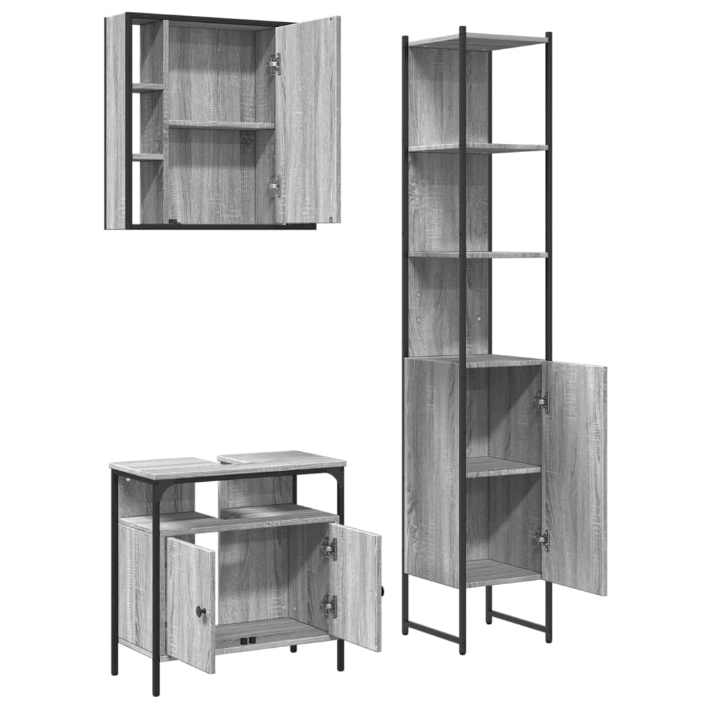 Set Mobili da Bagno 3 pz Grigio Sonoma in Legno Multistrato | homemem39