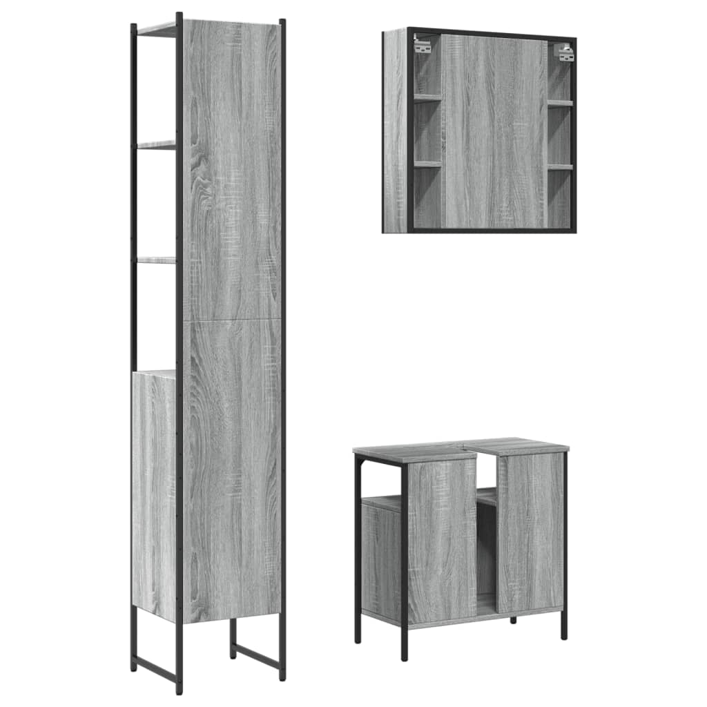 Set Mobili da Bagno 3 pz Grigio Sonoma in Legno Multistrato | homemem39