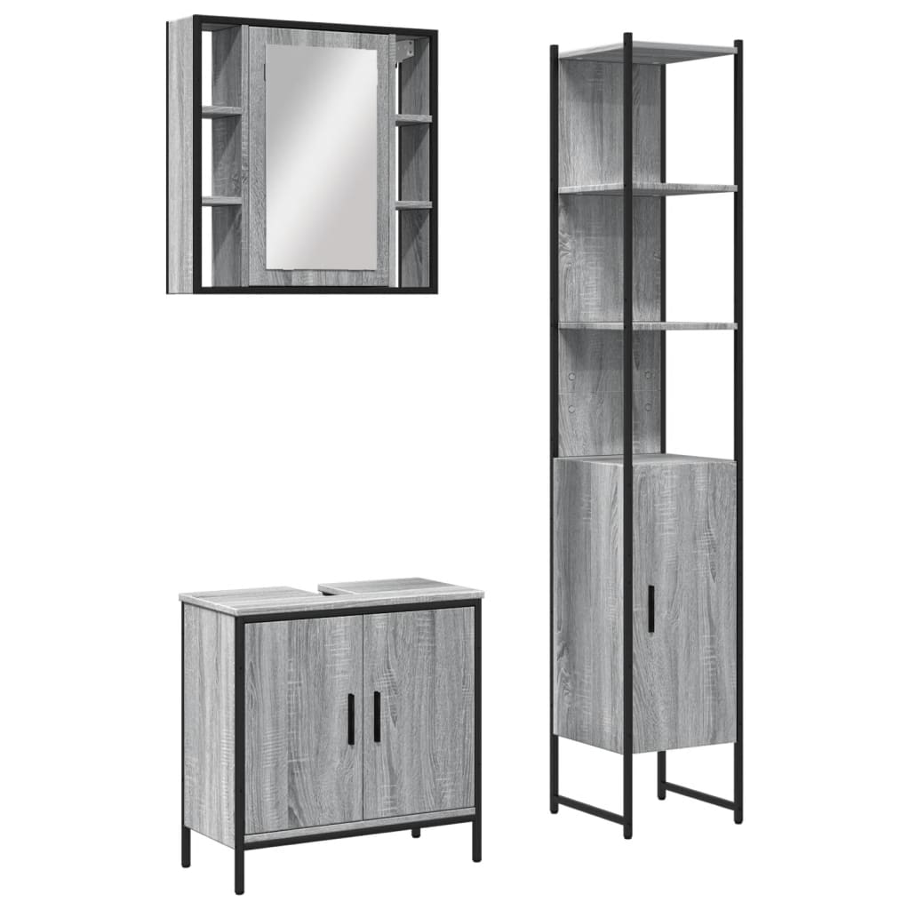 Set Mobili da Bagno 3 pz Grigio Sonoma in Legno Multistrato | homemem39