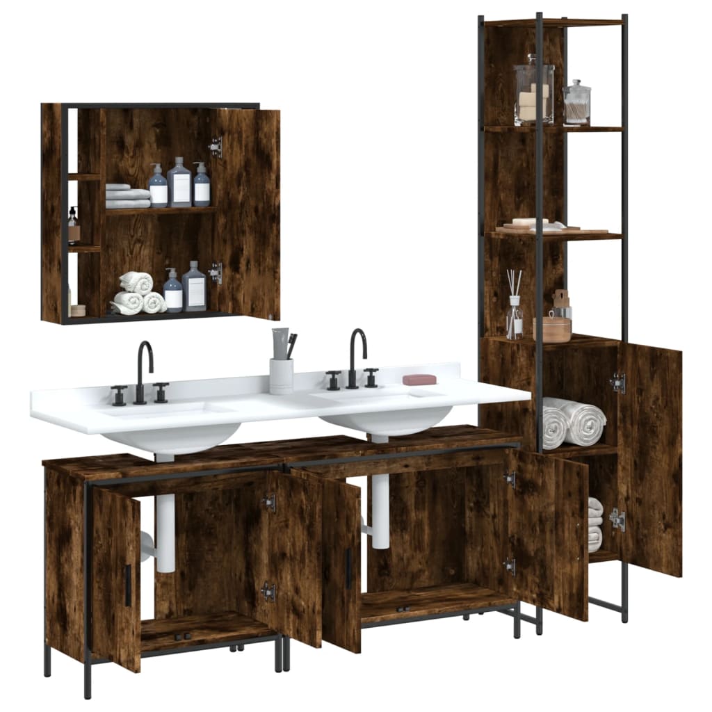 Set Mobili da Bagno 4 pz Rovere Fumo in Legno Multistrato