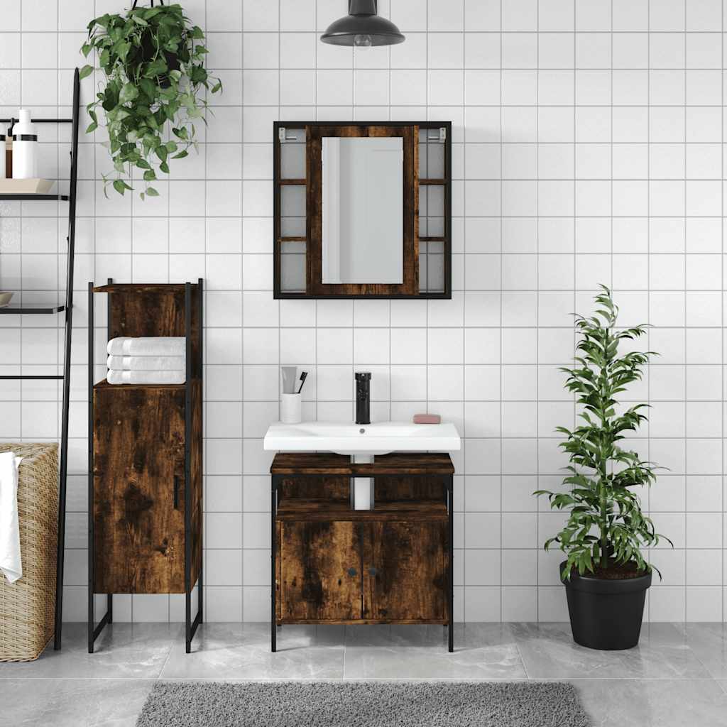 Set Mobili da Bagno 3 pz Rovere Fumo in Legno Multistrato