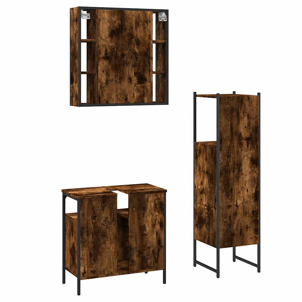 Set Mobili da Bagno 3 pz Rovere Fumo in Legno Multistrato