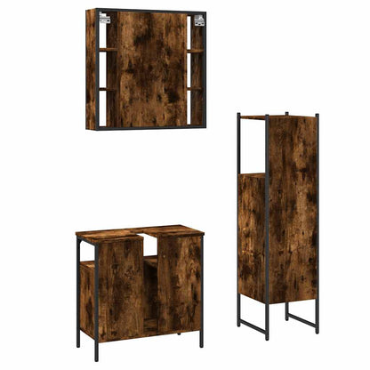 Set Mobili da Bagno 3 pz Rovere Fumo in Legno Multistrato
