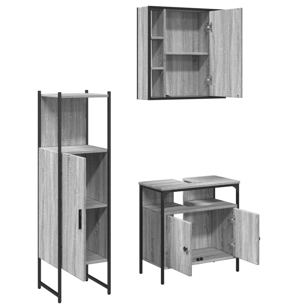 Set Mobili da Bagno 3 pz Grigio Sonoma in Legno Multistrato | homemem39