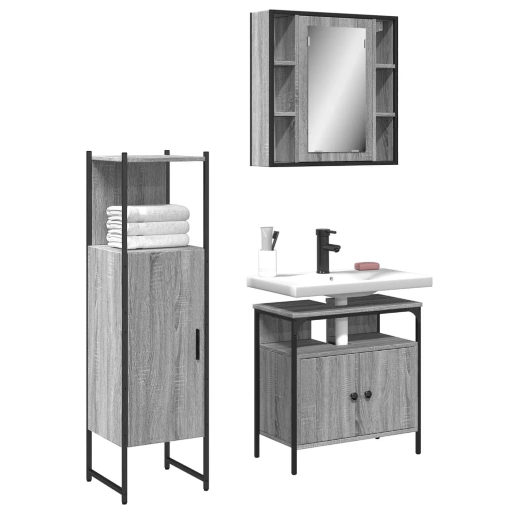 Set Mobili da Bagno 3 pz Grigio Sonoma in Legno Multistrato | homemem39