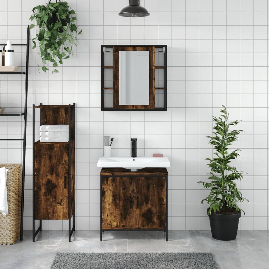Set Mobili da Bagno 3 pz Rovere Fumo in Legno Multistrato