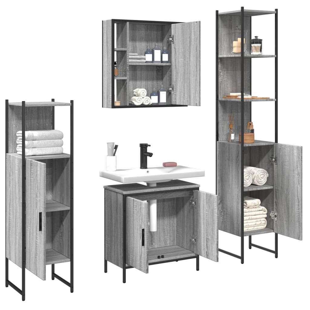 Set Mobili da Bagno 4 pz Grigio Sonoma in Legno Multistrato