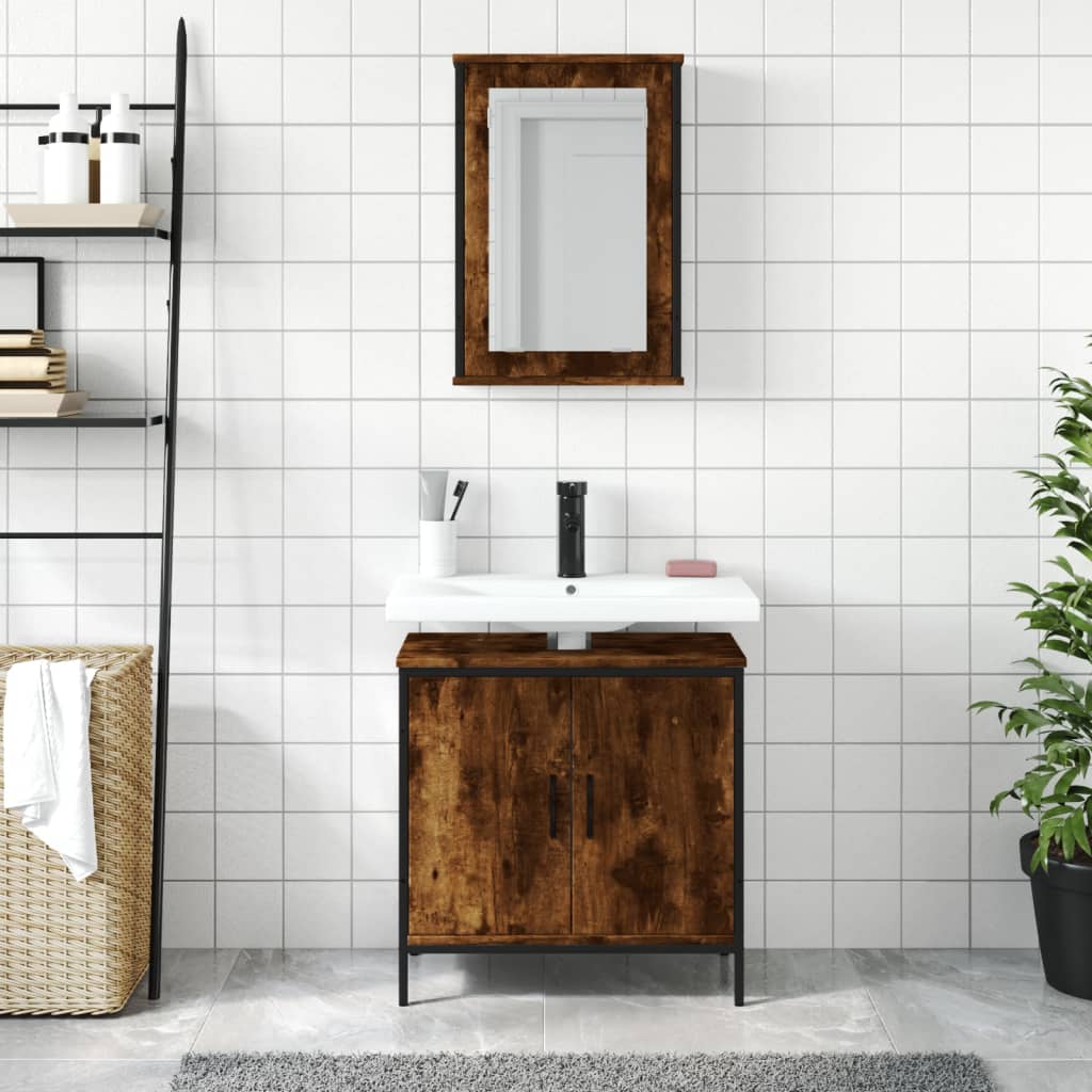 Set Mobili da Bagno 2 pz Rovere Fumo in Legno Multistrato