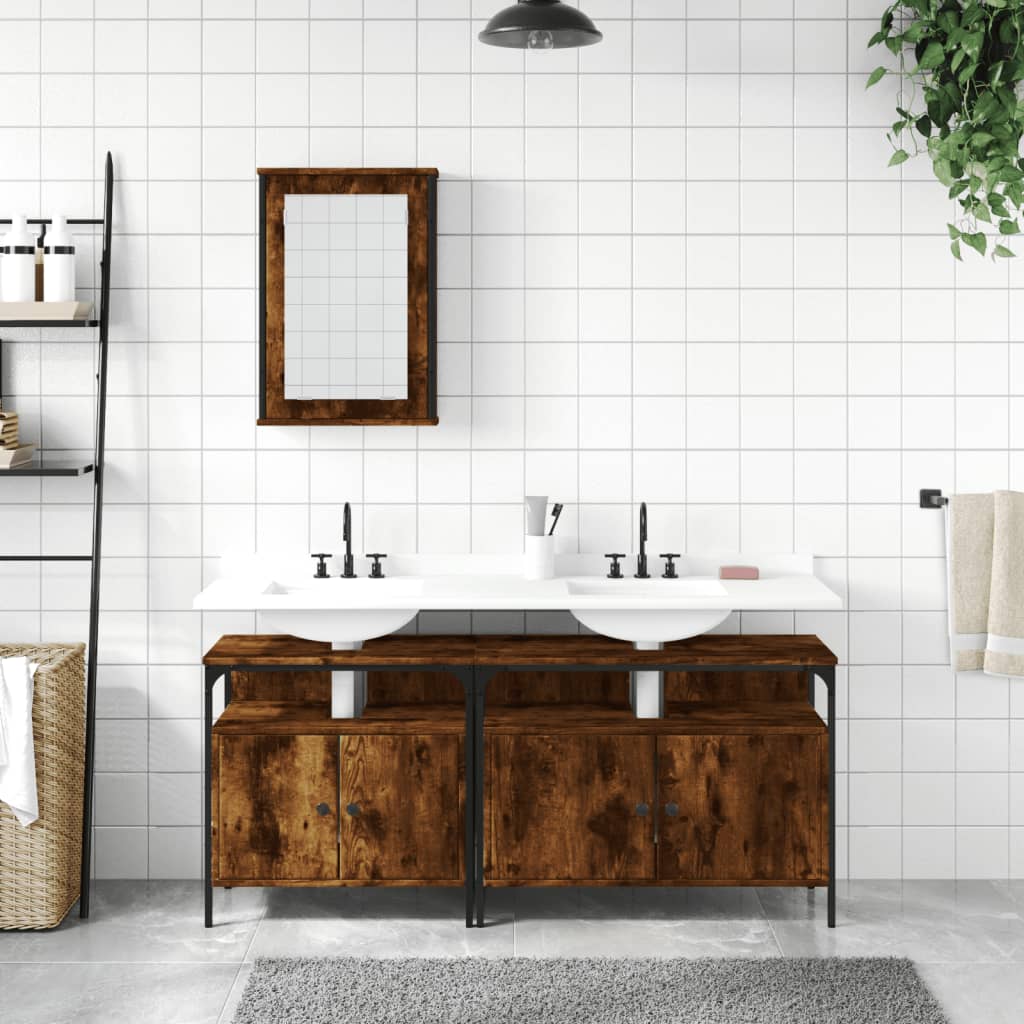 Set Mobili da Bagno 3 pz Rovere Fumo in Legno Multistrato