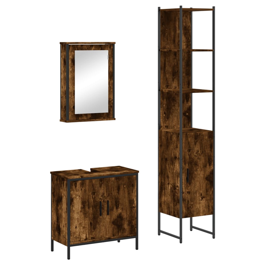 Set Mobili da Bagno 3 pz Rovere Fumo in Legno Multistrato | homemem39