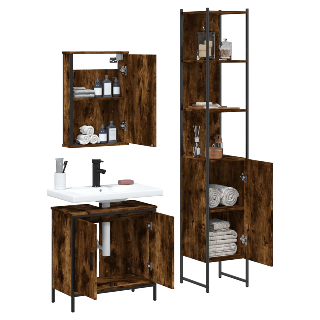 Set Mobili da Bagno 3 pz Rovere Fumo in Legno Multistrato