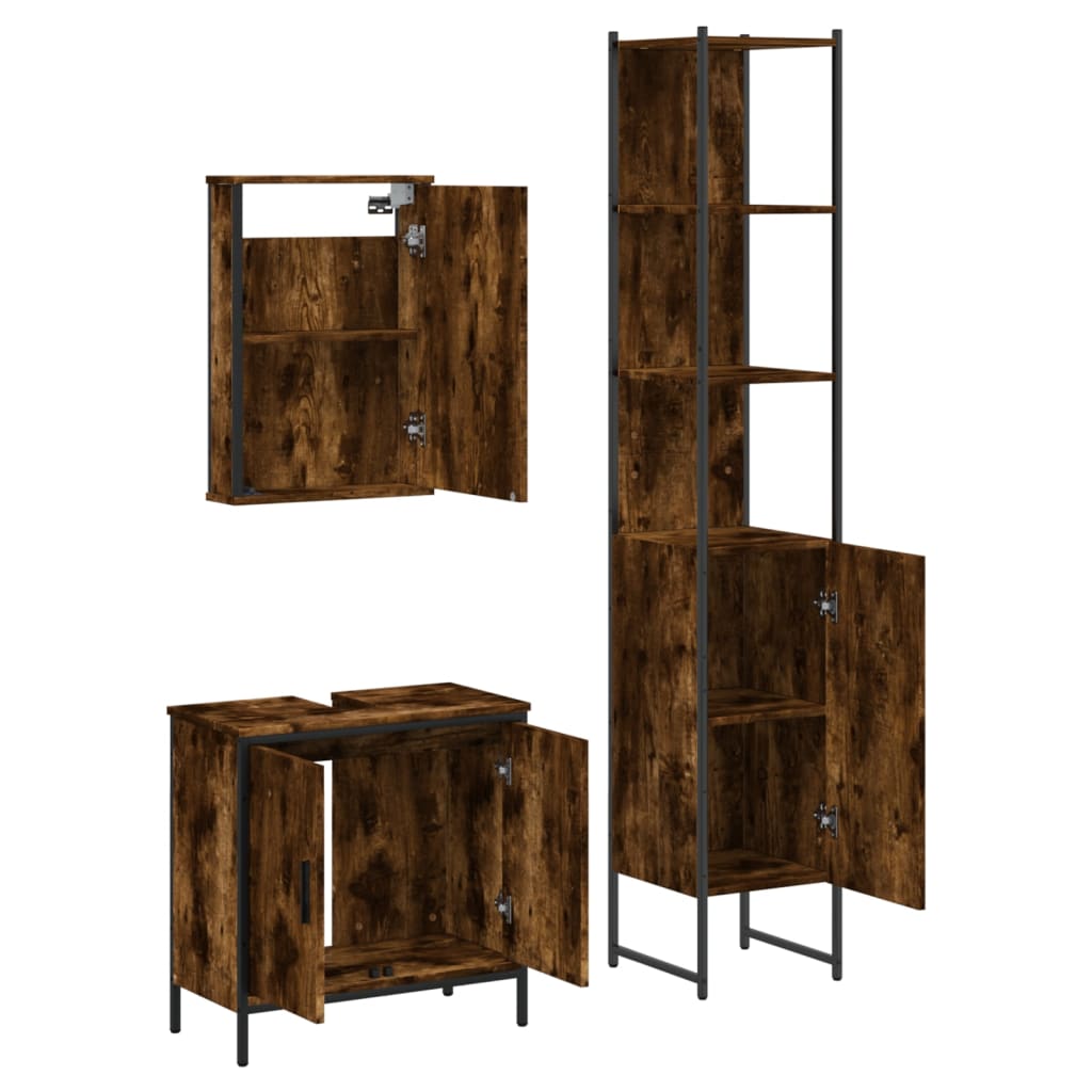 Set Mobili da Bagno 3 pz Rovere Fumo in Legno Multistrato | homemem39