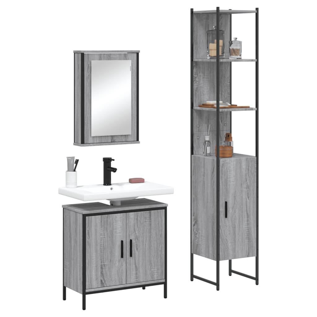 Set Mobili da Bagno 3 pz Grigio Sonoma in Legno Multistrato | homemem39