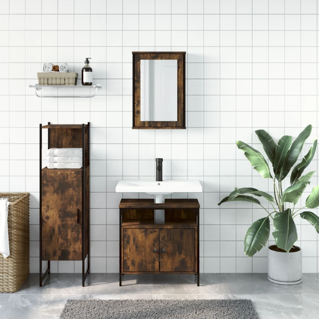 Set Mobili da Bagno 3 pz Rovere Fumo in Legno Multistrato