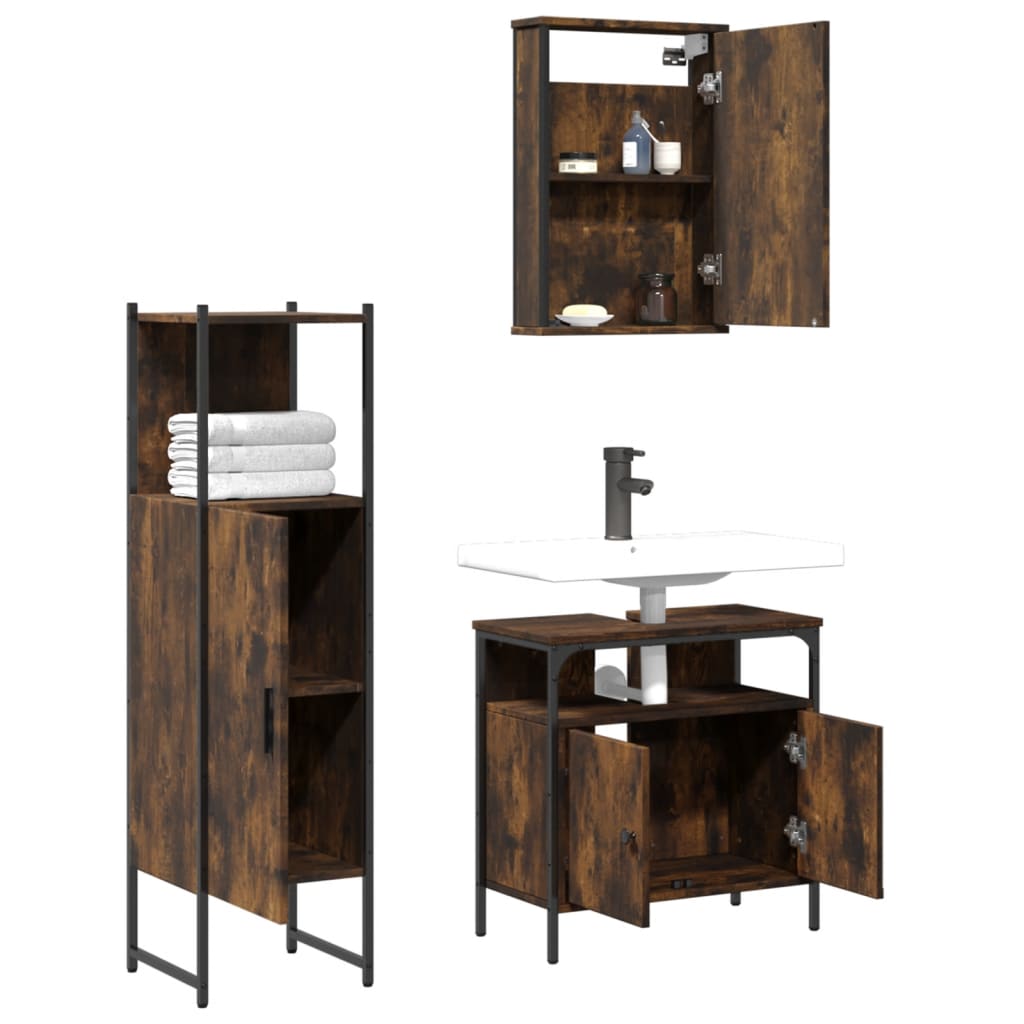 Set Mobili da Bagno 3 pz Rovere Fumo in Legno Multistrato