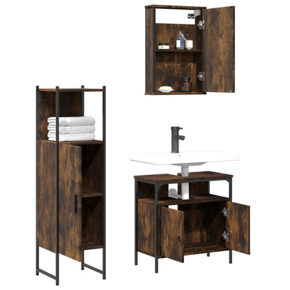 Set Mobili da Bagno 3 pz Rovere Fumo in Legno Multistrato