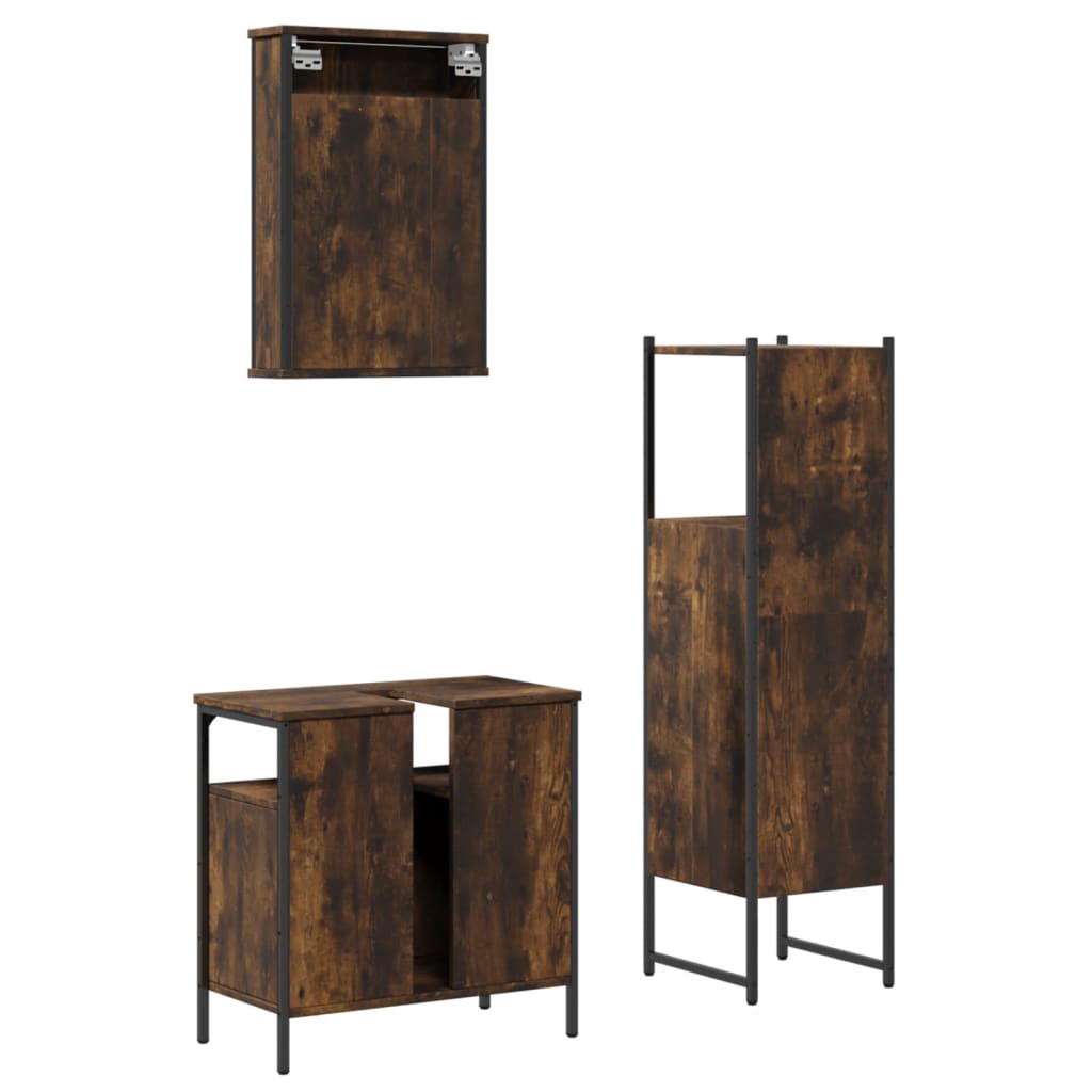 Set Mobili da Bagno 3 pz Rovere Fumo in Legno Multistrato | homemem39