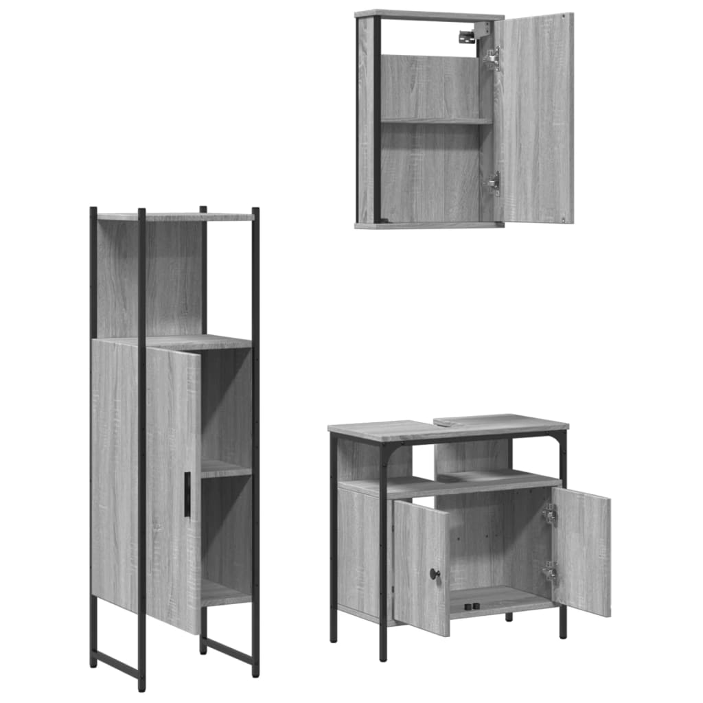 Set Mobili da Bagno 3 pz Grigio Sonoma in Legno Multistrato | homemem39