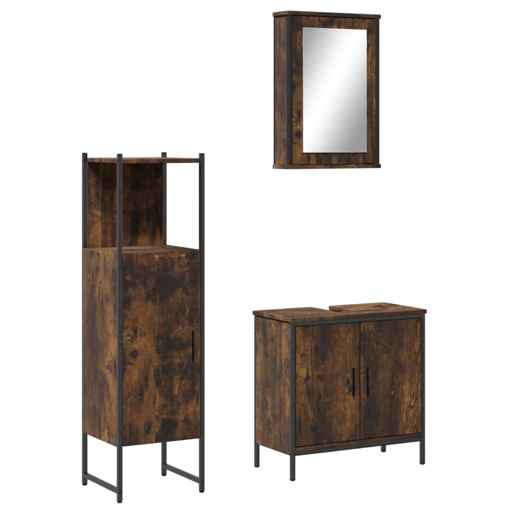 Set Mobili da Bagno 3 pz Rovere Fumo in Legno Multistrato | homemem39