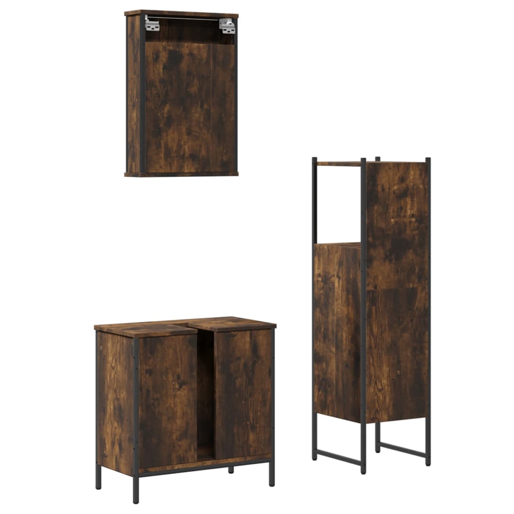 Set Mobili da Bagno 3 pz Rovere Fumo in Legno Multistrato