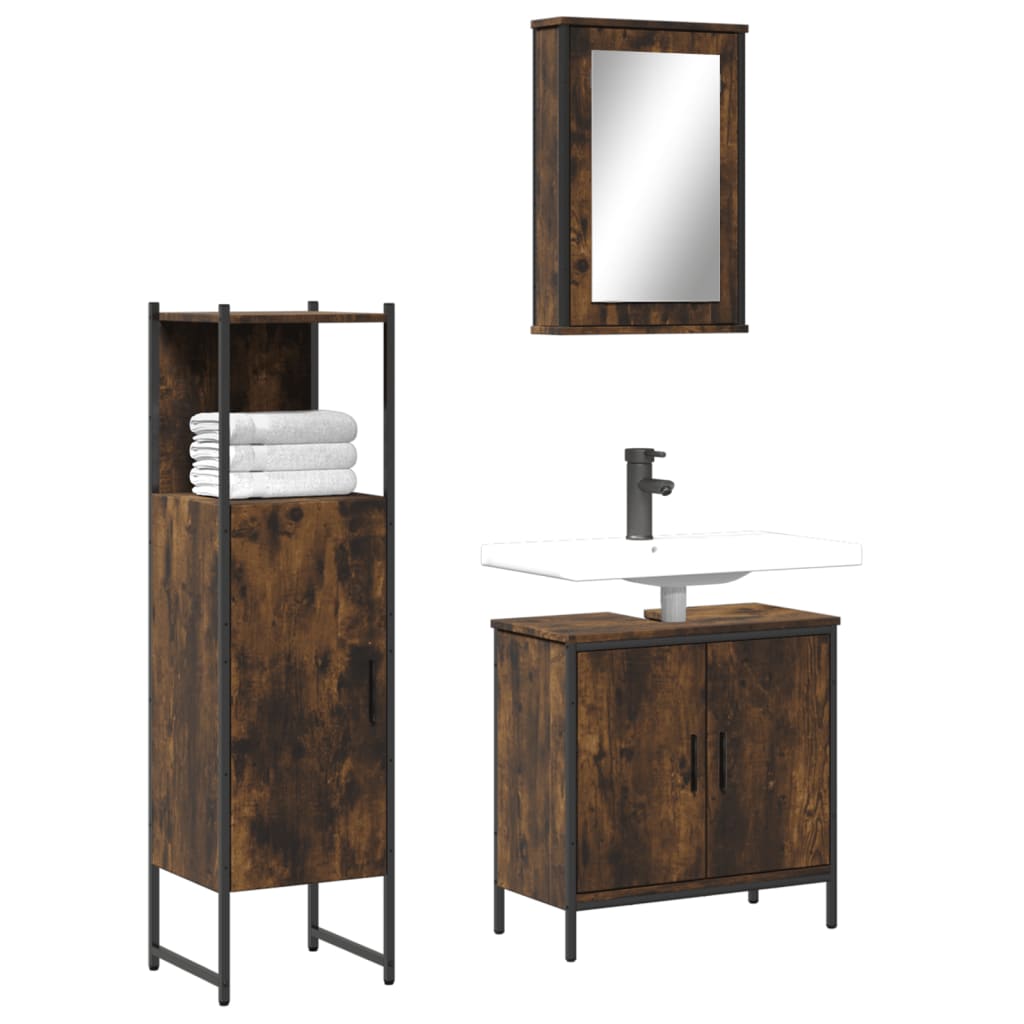 Set Mobili da Bagno 3 pz Rovere Fumo in Legno Multistrato | homemem39