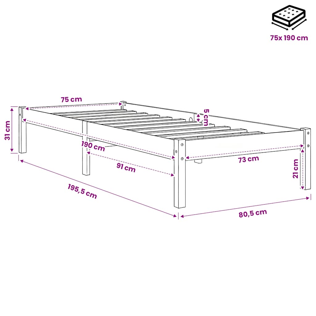 Letto senza Materasso Marrone Cera 75x190 cm in Legno di Pino