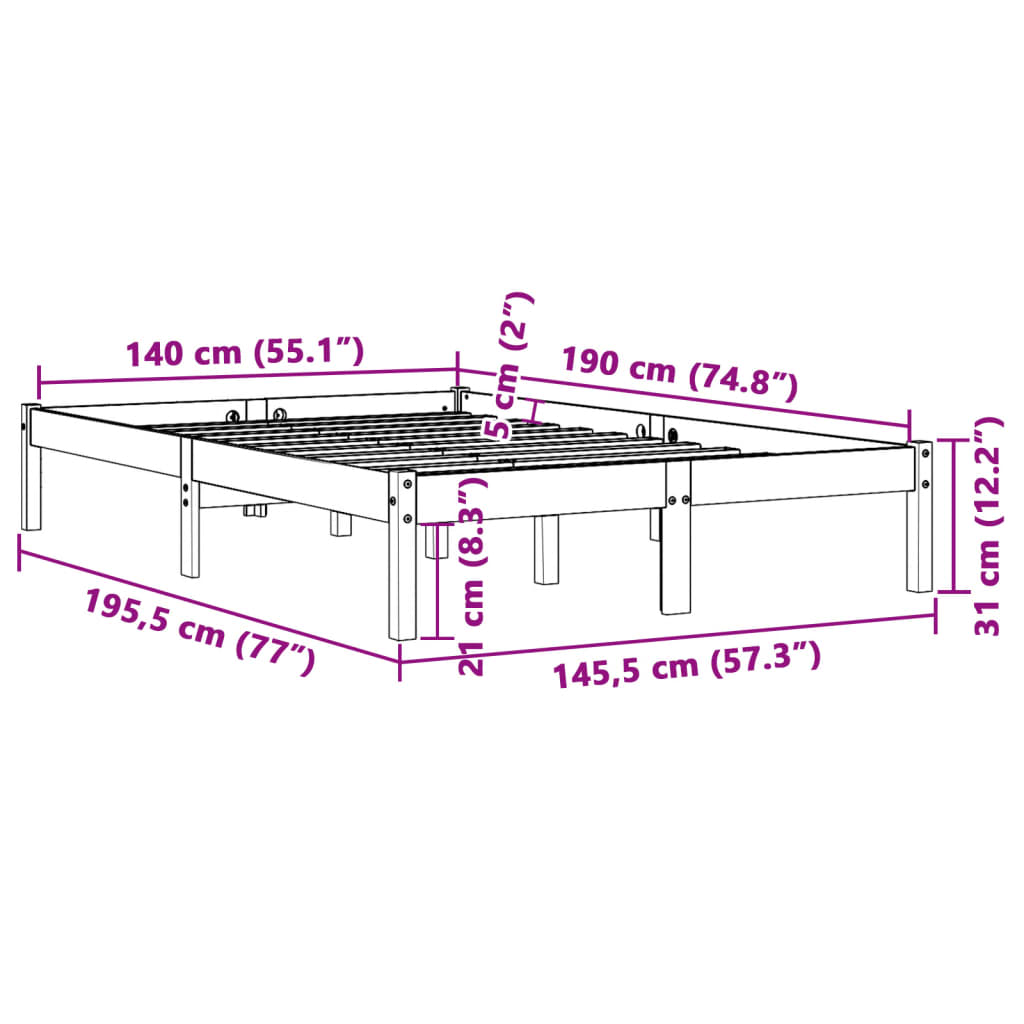 Letto senza Materasso Marrone Cera 140x190 cm in Legno di Pino | homemem39