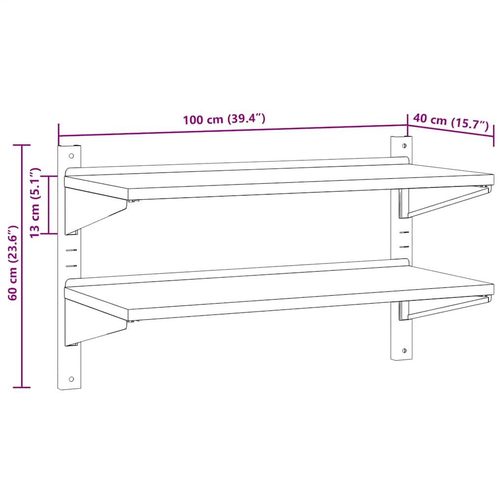Mensola Muro 2 Ripiani 100x40x60cm Argento Acciaio Inossidabile | homemem39