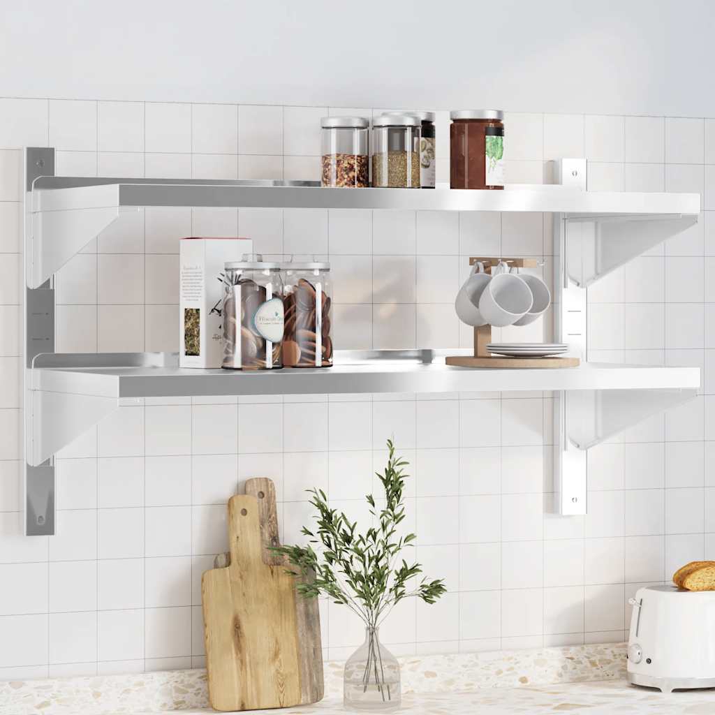 Mensola Muro 2 Ripiani 100x40x60cm Argento Acciaio Inossidabile | homemem39
