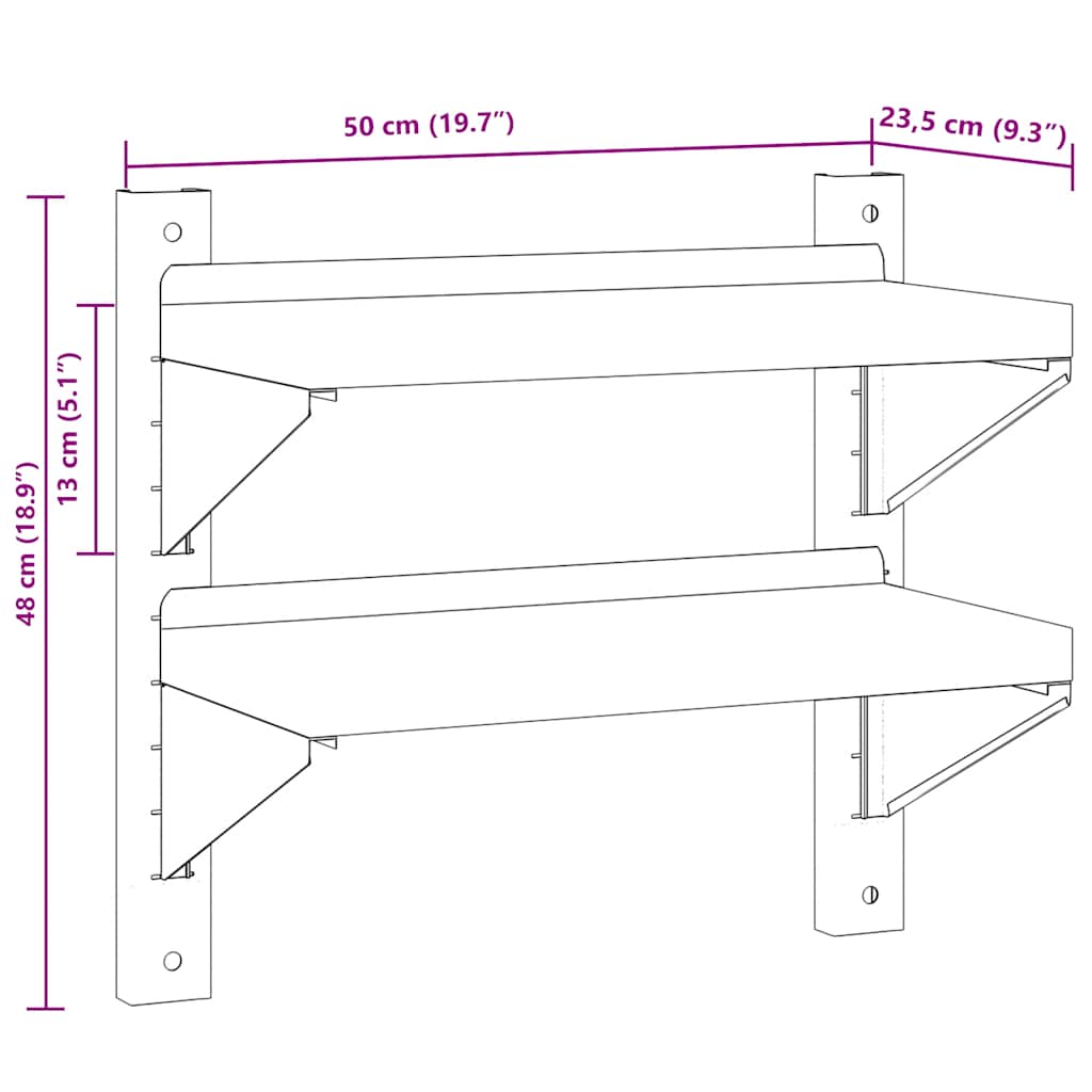 Mensola a Muro 2 Ripiani 50x23,5x48cm Argento in Acciaio Inox | homemem39