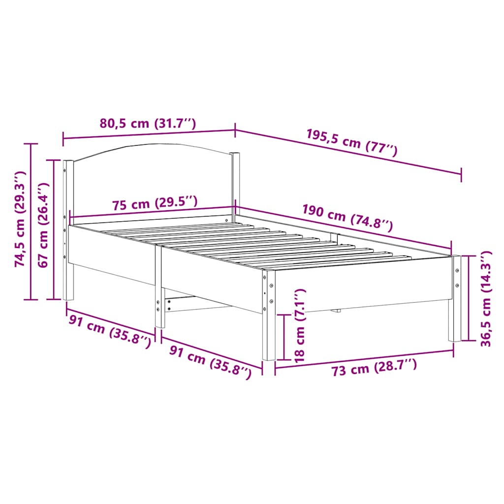 Letto senza Materasso Marrone Cera 75x190 cm in Legno di Pino | homemem39