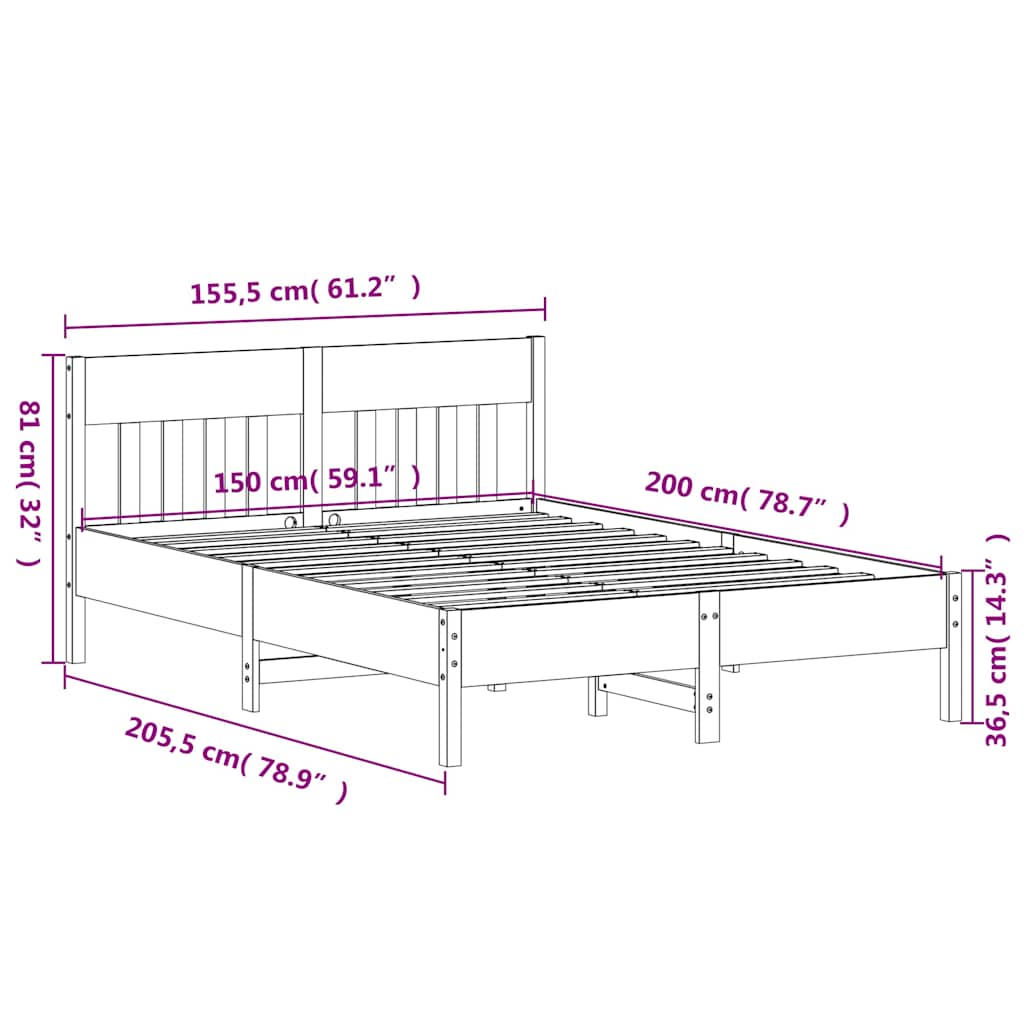 Letto senza Materasso 150x200 cm in Legno Massello di Pino | homemem39