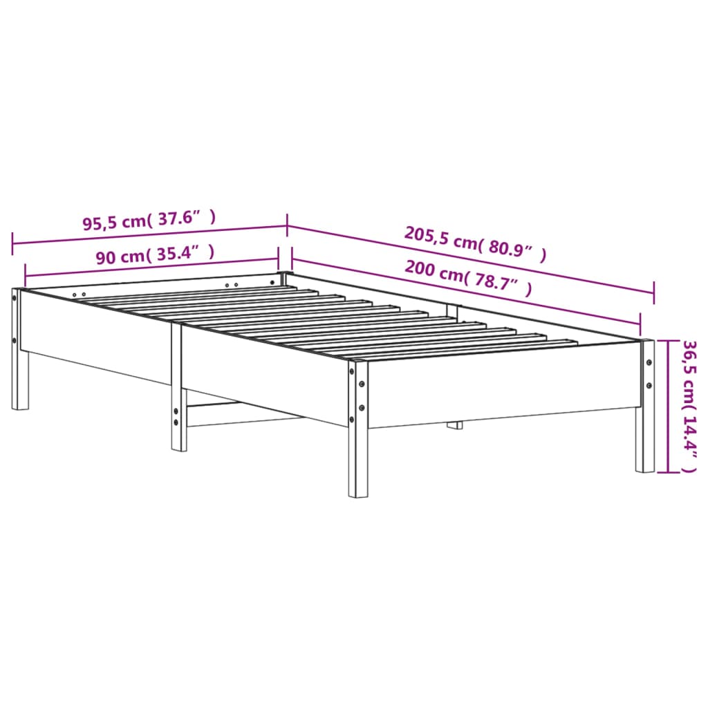 Letto senza Materasso 90x200 cm in Legno Massello di Pino - homemem39