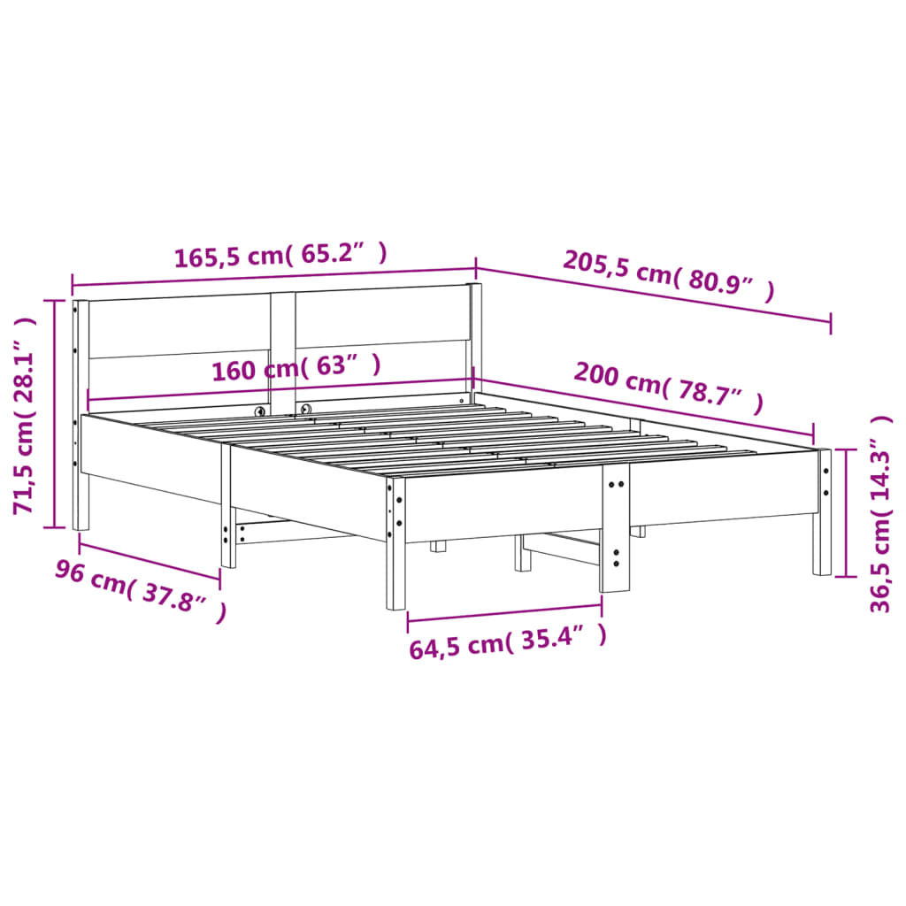 Letto senza Materasso 160x200 cm in Legno Massello di Pino | homemem39