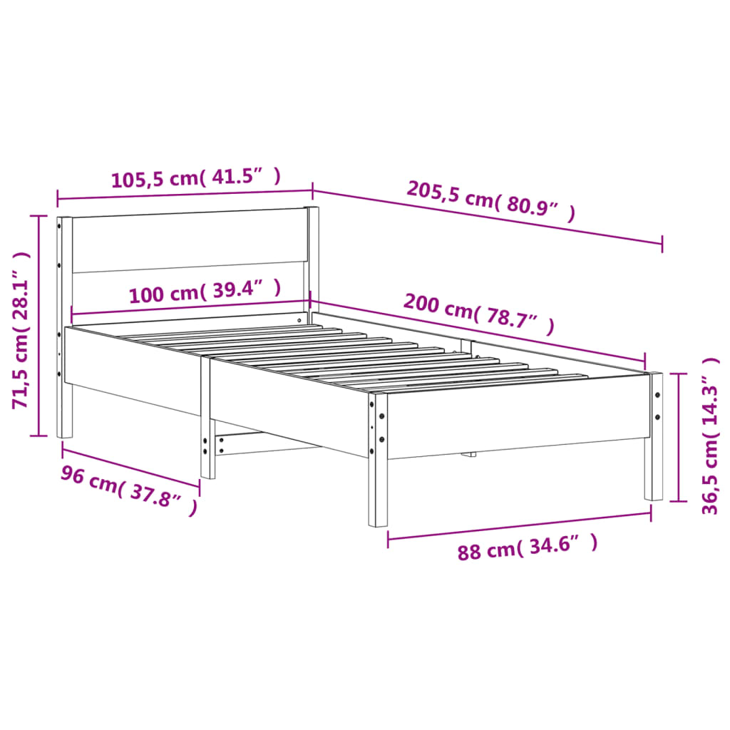 Letto senza Materasso Marrone Cera 100x200 cm in Legno di Pino | homemem39