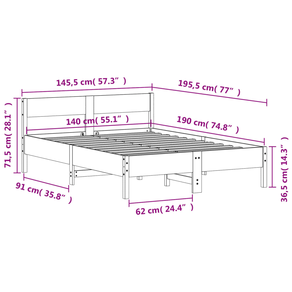 Letto senza Materasso Marrone Cera 140x190 cm in Legno di Pino | homemem39