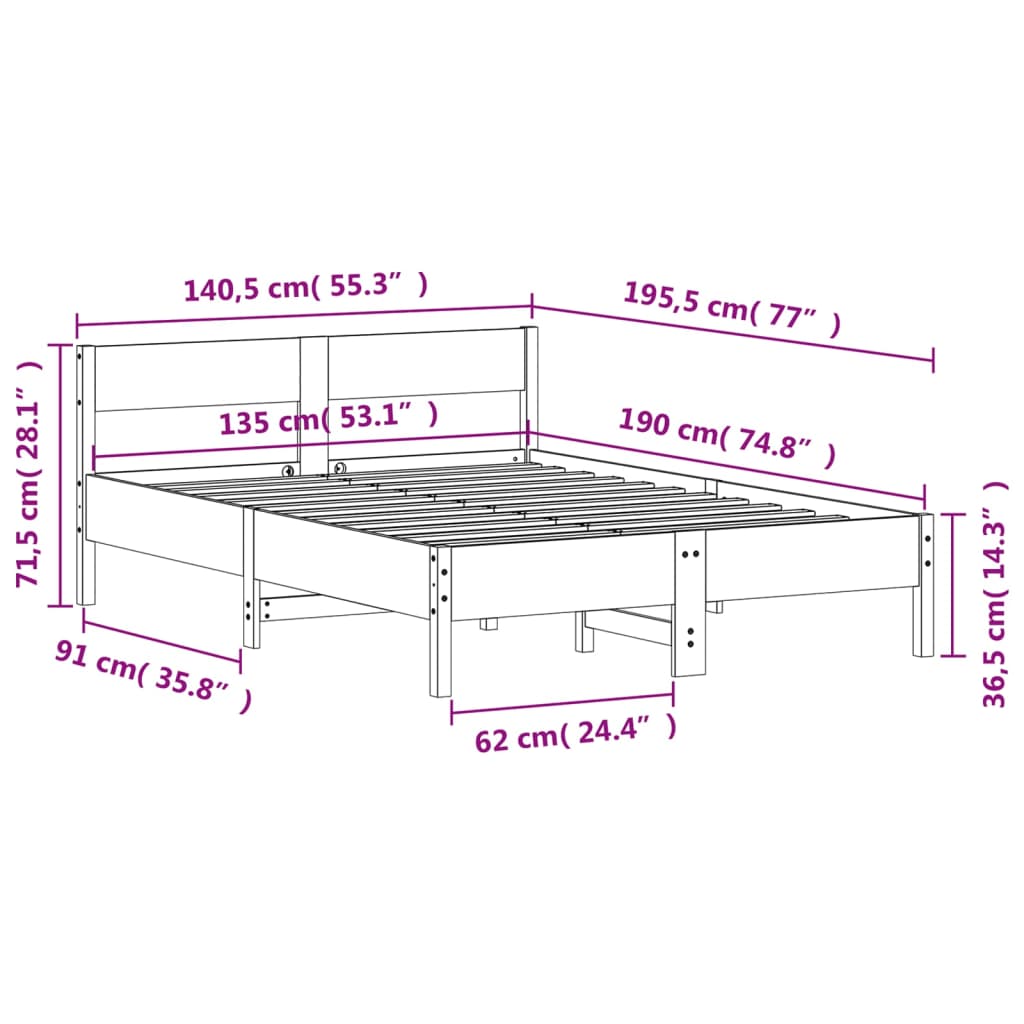Letto senza Materasso Bianco 135x190 cm Legno Massello di Pino | homemem39