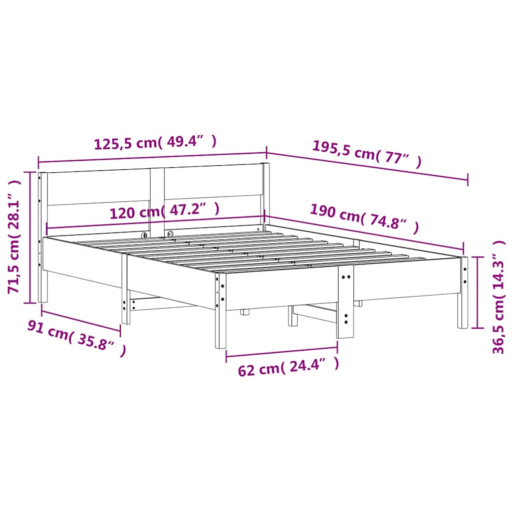 Letto senza Materasso Marrone Cera 120x190 cm in Legno di Pino | homemem39