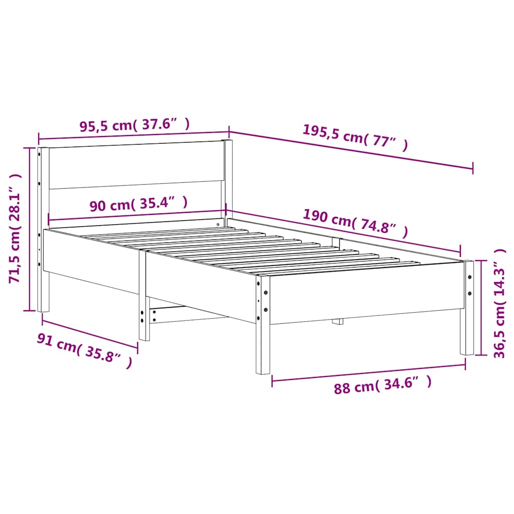 Letto senza Materasso Bianco 90x190 cm in Legno Massello Pino | homemem39