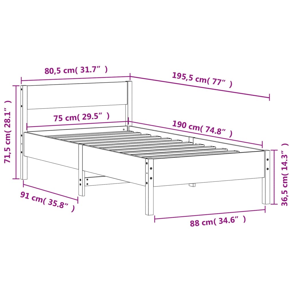 Letto senza Materasso Bianco 75x190 in Legno Massello di Pino | homemem39