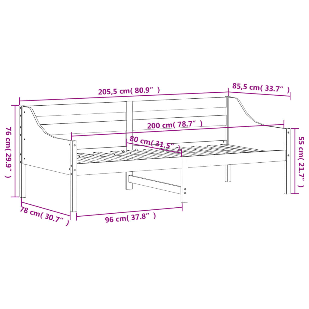 Dormeuse senza Materasso Bianca 80x200 cm Legno Massello Pino | homemem39